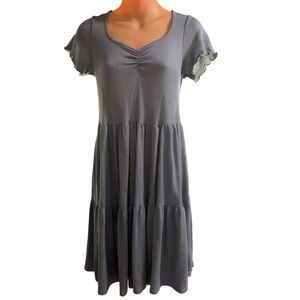 See You Monday Blue Multi Tiered Ruffle Short Sleeve V Neck Dress